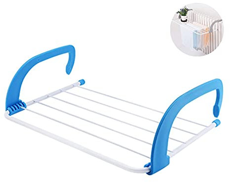 Tendedero de pared para ropa, tendedero expandible para radiador, estante ajustaféizares de ventanas, barandillas, tendedero para ropa, soporte para guardar calcetines, azul, 50,5 cm x 34 cm