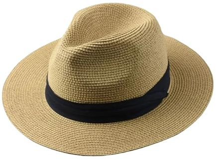 Mnjyihy Sombrero de paja Panamá de gran tamaño para hombres y mujeres, sombrero de paja de ala ancha para verano, talla grande, gorra Fedora, caqui, XL 61-64cm