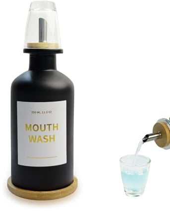 Hniuyun 11.8 oz Glass Mouthwash Dispenser for Bathroom with Bamboo Tray & Steel Nozzle - Reusable Cup, Gold Accents, Countertop Decor