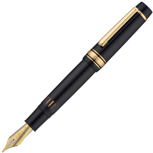 Wikult Yongsheng Junlai 930 Acrylic Fountain Pen, Size 9 Medium Nib with Piston Filling System, Piano Black Fence Ink Tank with Flat Top Design Smooth Writing Pen (Gold Trim)