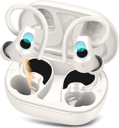 Ecouteurs Bluetooth sans Fil, Oreillette Bluetooth 5.3 HiFi Stéréo, 4 ENC Réduction Antibruit Mic, 40H Durée Lecture, IP7 ecouteurs sans fil Écran LED, Contrôle Tactile, Ecouteurs pour Android, Blanc