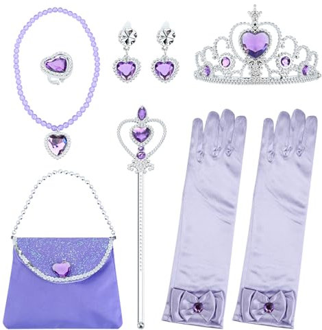 Toyhood 9 Stück Prinzessin Zubehör für Mädchen, Prinzessin Kostüm Dress Up Zubehör, Enthalten Krone, Handschuhe, Zauberstab, Halskette, Ring, Ohrring, Geldbeutel, für Cosplay Kleid Kostüme (Lila)