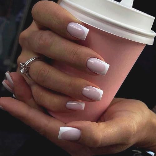 French Tip False Nails - Nude Color Stick on Nails with Elegant White Edge - 24pcs Fake Nails with Glue - Square Press on nails Short in 12 Sizes - Full Cover Artificial Nail for Women Girls