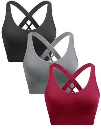 ANGOOL Sport BH Damen ohne Bügel Push Up BH Starker Halt Sport Bustier Damen Gepolstert Crossback Seamless Yoga Joggen Gym, Schwarz+Grau+Weinrot, L