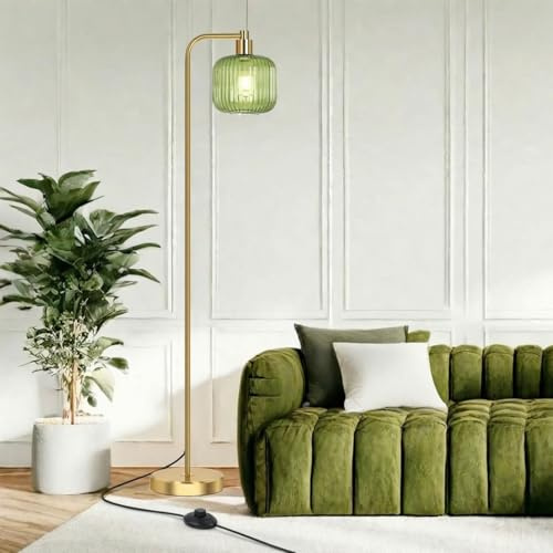 BTTO Floor Lamps for Living Room, Vintage Standing Lamp with Glass Lampshade, 170cm Gold Tall Lamps Standard Lamps with Foot Switch for Bedroom, Living Room, Office, E27 Sockets (Bulb Included)