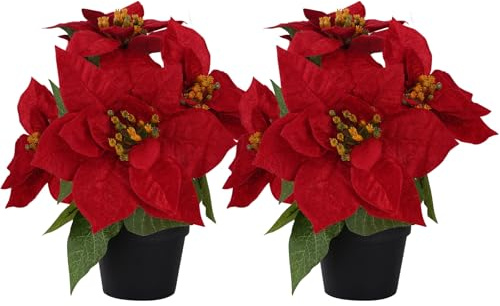 MOIAVAN 2 Pcs Small Fake Poinsettias Artificial Plants 11.8,4 Red Velvet Heads Faux Christmas Flowers in Pot for Home Office Table Indoor Christmas Winter Decorations