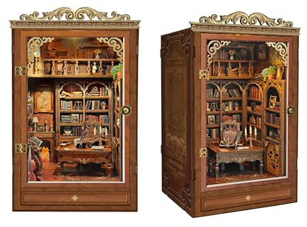 Library Book Nook Kit DIY Miniature Dollhouse Kit mit LED-Beleuchtung | 3D-Holzpuzzle Vintage-Bücherregal-Einsatzdekoration, entspannendes DIY-Hobby-Projekt, Ferien-Geschenk für Erwachsene
