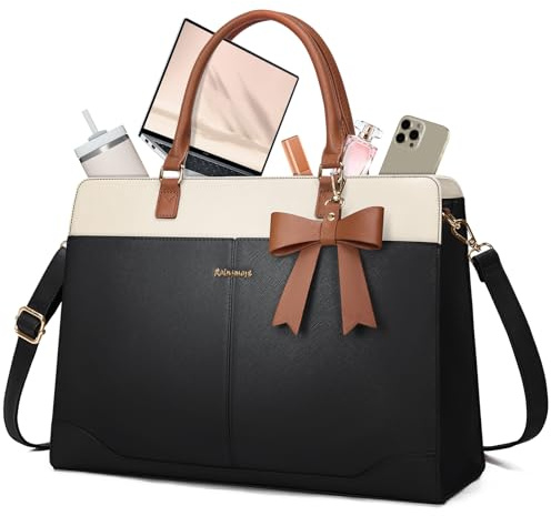 RAINSMORE Borsa Università Donna Impermeabile Borsa Lavoro Donna Grande PU Pelle Borse Porta PC 15.6 Pollici Shopper Tote Bag per Ufficio NeroBianco