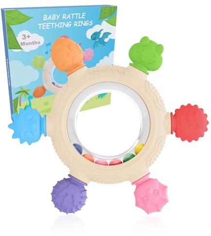 Yoolane Beißring Baby, Beißspielzeug aus Silikon, Baby Spielzeug ab 3 6 9 12 Monate, Dinosaurier Beissring mit Rassel, Zahnungshilfe BPA-frei, Geschenke Geburt Neugeborene Junge und Mädchen