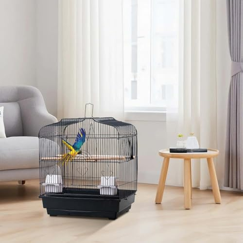 Vogelkäfig aus Metall 46 × 36 × 52cm, großer Käfig für Kanarienvögel mit Sitzenstangen, Futternäpfe, Schaukeln & abnehmbares Schubladenblatt, Wellensittichkäfig Papageienkäfig, Schwarz