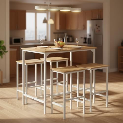 buybyroom Bartisch mit Barhocker Set - Essgruppe mit 4 Stühlen in Eichenoptik mit Maserung, 100 x 60 x 90 cm
