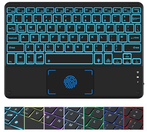 SOPPY Backlit Bluetooth Keyboard with Touchpad for iPad, Android, Windows | 7-Color Backlit Keys, 3-Device Fast Switching, 30H Rechargeable Battery, Slim Portable Design, UK QWERTY Layout