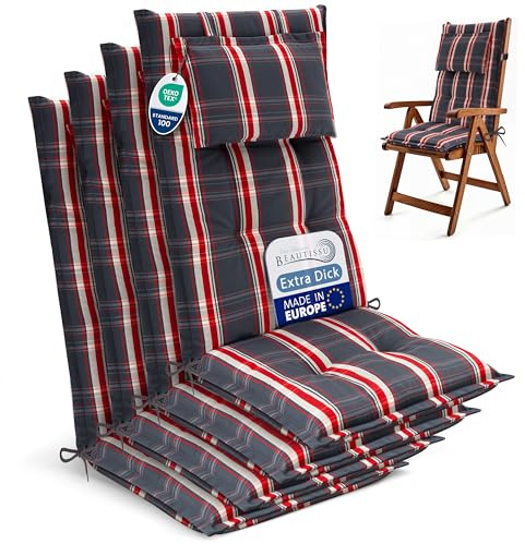Beautissu 4er Set Gartenstuhlauflagen Hochlehner Sitzpolster robuster Stoff | 120x50cm Grau Rot Kariert 7cm Polster Sitzauflagen Gartenmöbel UV-Lichtecht Gartenstuhl Auflagen Stuhlauflage HighLux HL