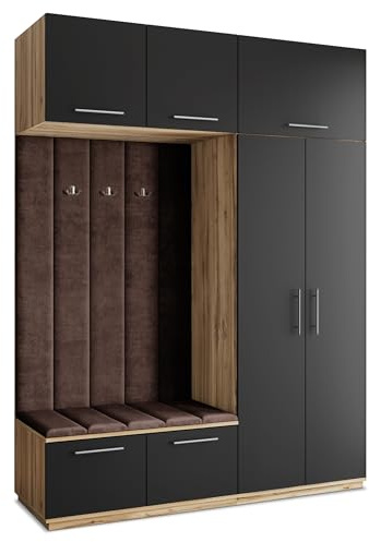 Masseno Flugarderoben Set Rema, Kleiderschrank-Set mit Sitzbank, Garderobenschrank Flur mit 5 Regalböden, Eiche Wotan/Schwarz