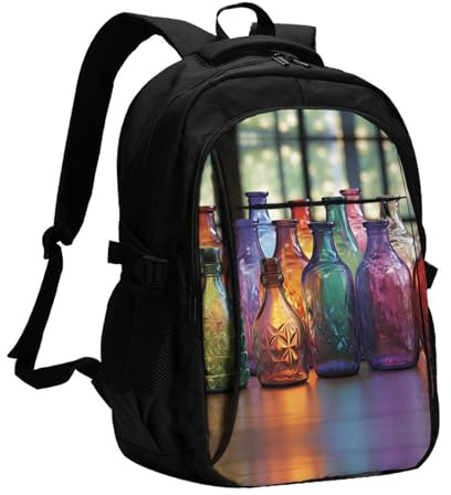 BTCOWZRV Travel Laptop Backpack Business Backpack for Men Women Colorful Glass Bottle Travel Backpack with USB Charging Port