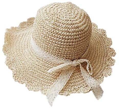 JIAHG Women Girls Ruffle Brim Straw Sun Hat Lace Bowknot Priness Beach Hat Wide Brim Crochet Bucket Hats Ladies Elegant UV Protection Woven Straw Hats for Garden Travel Holiday Outdoor Beige