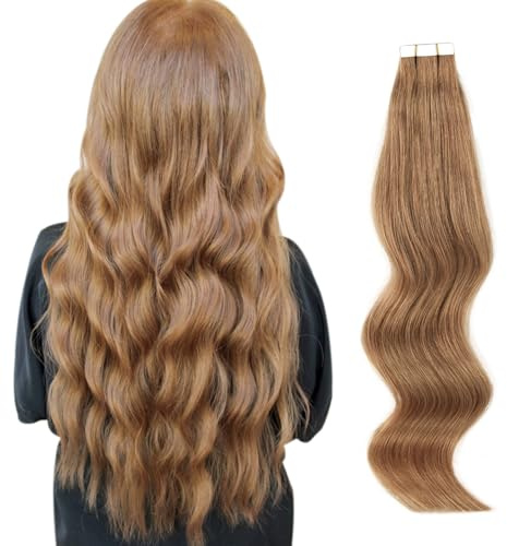 ABH AmazingBeauty Hair Tape in Hair Extensions Semi-permanent Pre Taped Real Remi Remy Human Tape in Human Hair 50g 20pcs Skin Weft Invisible Seamless Reusable Platinum Light Auburn Color 30 22 Inch