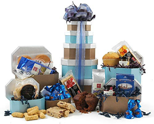 Tea & Coffee Gift Hamper Tower - With Earl Grey, Fresh Ground Coffee, Cookies & Chocolates in Five Cocoa & Sky Blue Gift Boxes