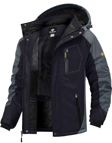 GEMYSE Homme Veste de Ski Imperméable de Montagne Manteau d'hiver Extérieur en Polaire Coupe-Vent avec Capuche(Gris Noir,S)
