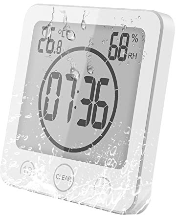 VORRINC Badezimmer Uhr, Badezimmeruhr mit saugnapf, Bad Uhr Badezimmeruhr Wasserdicht Berührungssteuerung ℃ / ℉ Luftfeuchtigkeit Temperatur LCD Display, Countdown Timer, 3 Montagemethoden (Weiß)
