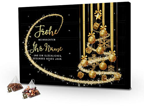 printplanet - Tee-Adventskalender XL mit eigenem Namen und 24 hochwertigen Teefüllungen von Floragold® - Motiv Frohe Weihnachten - Schwarz individuell Gestalten.