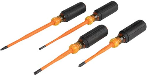 Klein Tools 33734INS - Juego de destornilladores aislados de punta delgada de 1000 V, Phillips, gabinete, punta delgada cuadrada, mango de agarre acolchado, 4 piezas