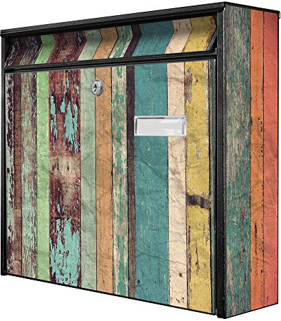 banjado® Burg-Wächter® Briefkasten mit Motiv Bunte Bretterwand/Briefkasten ohne Zeitungsfach 32x36x10 cm groß/Briefkasten mit Namensschild A4 Einwurf inkl. Montagematerial & 2 Schlüsseln