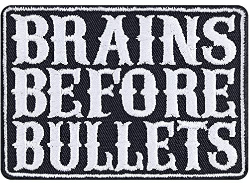 BRAIN BEFORE BULLETS Aufnäher/Aufbügler Biker Patch/Bügelbilder zum annähen/aufbügeln | Geschenk Motorrad-Fahrer DIY Applikation für Weste/Jeans/Boots/Motorradkoffer | 85x60mm