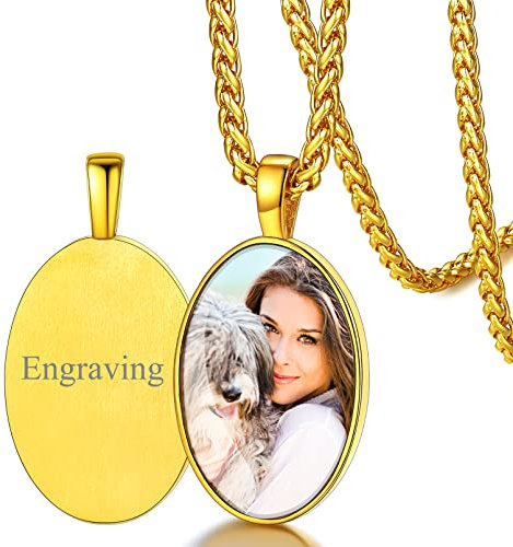 FaithHeart Médaillon Or avec Photo Gravé Pendentif Ovale Collier Porte Photo Personnalisé Bijoux Cadeau Anniversaire Fête des Mères pour Femme Maman Homme