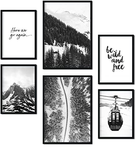 Nacnic - Ensemble de 6 Posters décoratifs noir et blanc - Décoration murale salon, chambre, chambre à coucher - Neige, hiver, nordique, moderne - A4 et A5. Non encadré