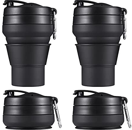 EASYXQ Faltbare Kaffeetasse, 480 ml, Silikon, zusammenklappbar, auslaufsicher, BPA-frei, tragbarer Becher, Sportflasche mit Deckel zum Wandern (schwarz)