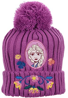 Sun City Frozen - Die Eiskönigin ELSA Kinder Mädchen Winter-Mütze Strick Bommelmütze, Farbe:Lila, Größe:54