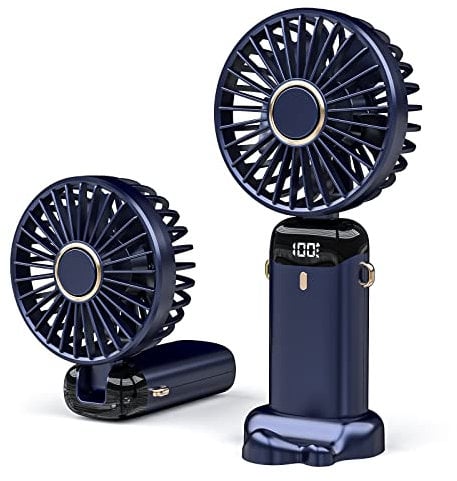 JANREAY Mini ventilador de mano USB de escritorio, ventilador de mesa pequeño con 5 velocidades y batería USB, ventilador eléctrico plegable para viajes, oficina, hogar (Blue)