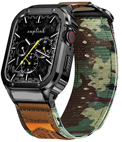 SUPLINK Carcasa de acero inoxidable y correas de nailon compatibles con Apple Watch Ultra 2/Ultra Band de 49 mm, correa resistente ajustable y transpirable para iWatch Apple Watch Series Ultra 9, 8,
