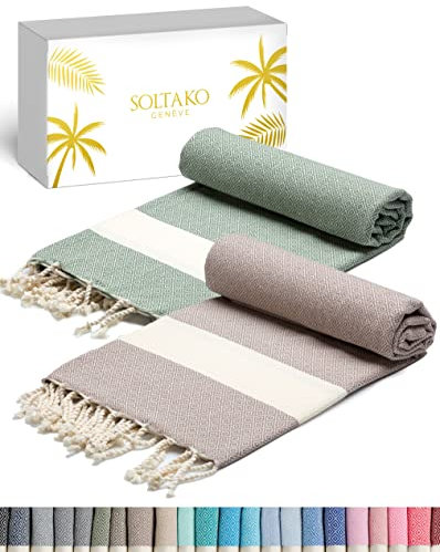 SOLTAKO Fouta Diamant Premium, 2er Set, Beige/Khaki, 100/200cm