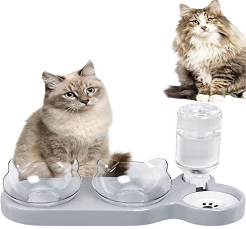 Futterschüssel Katze Hunde und Trinknapf, 3 in 1 Futternapf Katzennäpf Hundenäpf, Katzen Futternapf 3er Set, 15° Kippbare Katzennäpfe, für Kleine und Mittelgroße Hunde und Katzen (Grau)