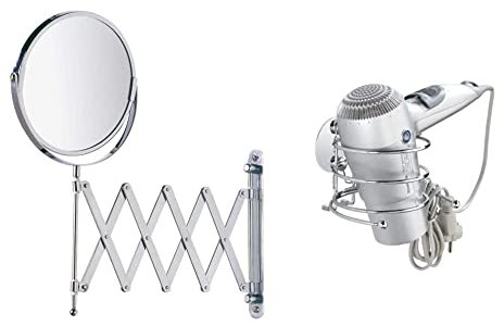 WENKO Kosmetik-Wandspiegel Teleskop Exclusiv, Kosmetikspiegel mit 100%-Spiegelfläche & 3-Fach Vergrößerung : Ø 17 cm & höhenverstellbar, 19 x 38,5 x 50 cm, Chrom & Turbo-Loc® Haartrocknerhalter