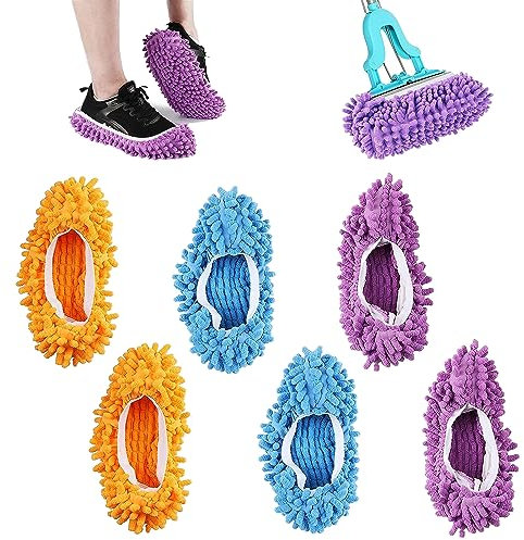 FIBOUND 3 Paia Polvere Mop Pantofole, Lavabili, Mop Slippers, Multi Funzione Piano Pulizia Scarpe per Bagno Ufficio Cucina Casa Lucidatura Pulizia, Arancione, Viola, Blu