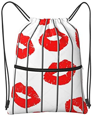 SJOAOAA Kordelzugbeutel mit roten Lippen, Kordelzug, Reißverschluss, Rucksack, wasserabweisend, Sporttasche, Turnbeutel, mit Seitentasche für Männer und Frauen, Schwarz , One size