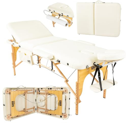 GARR Solution Table de Massage Pliante 3 Zones en Bois – Professionnelle, Portable, 185x70cm, Hauteur Réglable 62/87cm, Accessoires Inclus, Idéal pour Esthétique, Tattoo, Kinésithérapie – Crème