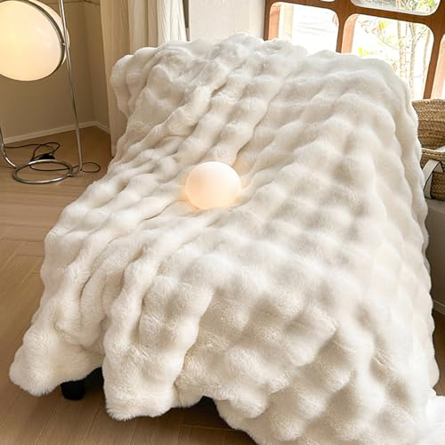 MERRYLIFE Luxuriöse, Dicke Plüschdecke aus Kaninchenfell, ultraplüschig, gemütlich, weich, dekorative Decke für Couch, Bett, Reisen (Beige, 127 x 152,4 cm)