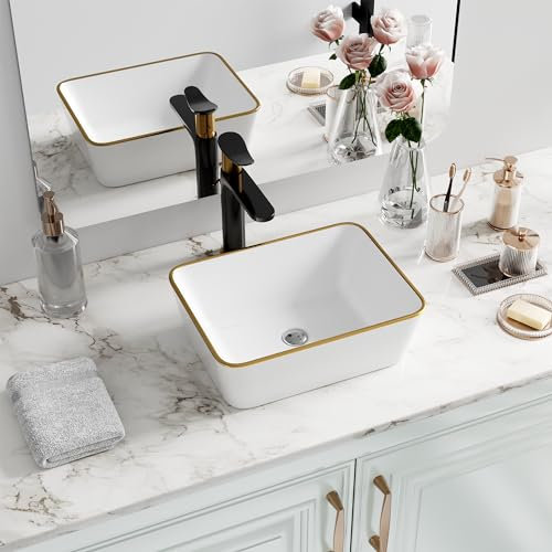 Hugsleek Badezimmer-Gefäß, rechteckig, 40,6 x 30,5 cm, weißes Porzellan-Keramikgefäß, Waschbecken mit Goldrand über der Theke, rechteckig, Badewanne, Waschbecken, Waschtisch, WC, Waschtisch, WC,