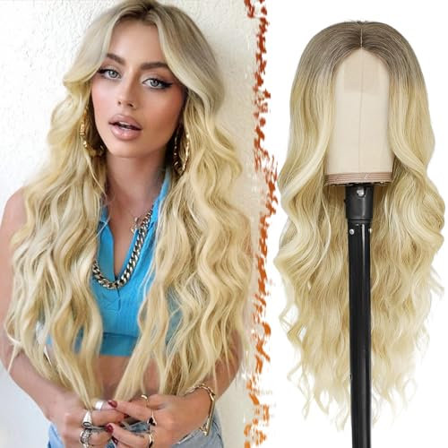 BARSDAR Lange Blond Perücke, 66cm Lange Wellig Blond Perücke Mittelscheitel Lace Front Natürliche Synthetische Haar Replacement Perücken für Frauen Tägliche Party Halloween Perücke (Ombre Blond)