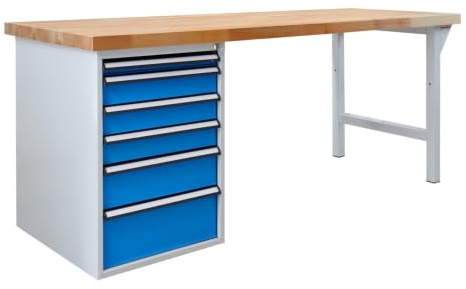 Steinbock Werkbank 6 Schubladen | 200x85x75 cm | 500 kg | Blau | 500 kg Tragkraft | 5 cm geölte Massivholz-Arbeitsplatte aus Buche | stabiles Stahlgestell | Werktisch | Made in EU