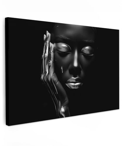 MuchoWow© Leinwandbild Klein 30x20 cm Mini Dekoration Wohnzimmer Bilder Aufhängen Wall Decoration Living Room Wohnungs Deko Moderne Frau - Porträt - Silber - Schwarz und Weiß - Abstrakt