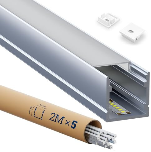 HOOLED Profile Alu pour Ruban LED 2 m x 5 pièces 10 m U-forme Profilé LED Taille 20 mm x 20 mm Compact Finition Professionnelle avec Blanc Laiteux Couvercle Largeur Maximale 14.9 mm