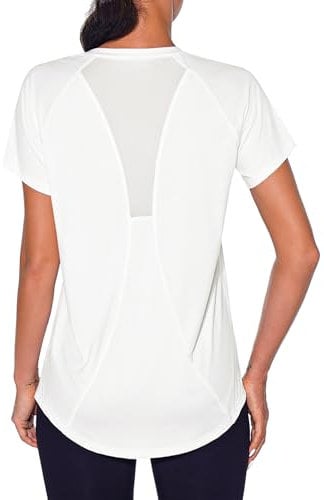Wayleb Damen Sport Fitness T-Shirt Kurzarm V Ausschnitt Laufshirt Trainingsshirt Funktionsshirt Leicht Atmungsaktiv Shortsleeve Gym Fitness Yoga Top, Weiß S