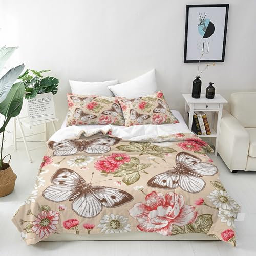 ANHOPE Vintage Schmetterling Blume Bettwäsche Set Microfaser Bettbezüge mit Reißverschluss 2 Teilig Bettbezug 135x200 cm + Kissenbezug 80x80 cm Weich Bettdeckenbezug Set für Kinder Mädchen