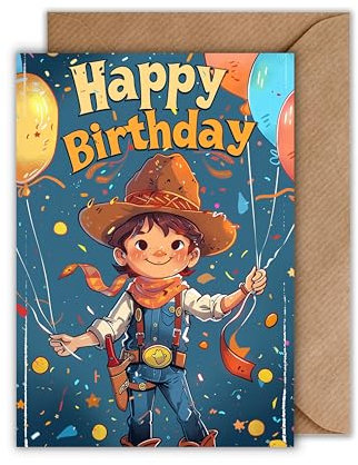 WBdesignz Cowboy Geburtstag Karte mit Umschlag - Kinder Geburtstagskarte Jungen “Happy Birthday Glückwunschkarte zum Geburtstag Junge (DIN A6)