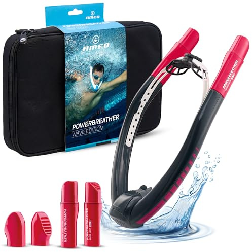 AMEO POWERBREATHER Wave - Atem Trainingsgerät fürs Schwimmbecken und Freiwasser mit 100% Frischluft für Erwachsene und Kinder - Schnorchelset mit intelligentem Ventilsystem und 100% trockener Atemluft